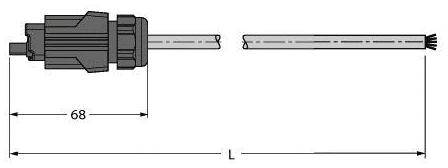 Illustration eines Steckers, Länge 68 mm angegeben. Kabel mit unbestimmter Länge L verbunden. Technische Zeichnung in Schwarzweiß.