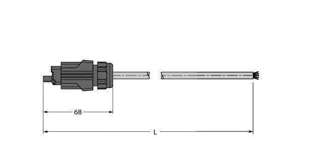 Zeichnung eines Steckverbinders mit Maßangaben: 68 mm Länge auf der linken Seite und 'L' als variabler Länge auf der rechten Seite.