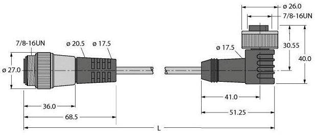 Technische Zeichnung eines Kabelsteckers, zeigt Maßangaben in Millimetern wie 68,5, 51,25 und 40, mit Angaben zu Gewinden 7/8-16UN.