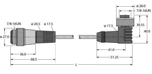 Technische Zeichnung eines elektrischen Steckverbinders mit seitlicher und frontaler Ansicht, inklusive Maße in Millimeter.