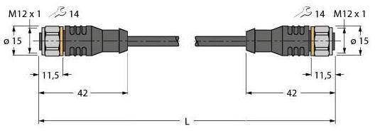 Diagramm eines Kabelanschlusses mit zwei M12 x 1 Steckern, jeweils mit einem Durchmesser von 15 mm und einer Länge von 11,5 mm.