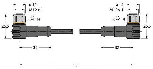 Technische Zeichnung eines M12 x 1 Steckers mit Maßen: Gesamtlänge L, Breite 32, Höhe 26,5, Durchmesser ø15.