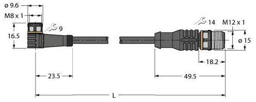 Diagramm zeigt elektrische Steckverbinder mit Längenmaßen M8 und M12, Ø9,6 mm und Ø15 mm. Beschriftet mit 16,5 mm, 18,2 mm und 23,5 mm.