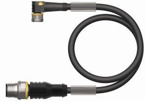 Schwarzes Verbindungskabel mit zwei Steckern an den Enden, zeigt eine L-Form an einem Stecker und einen geraden Stecker am anderen Ende.