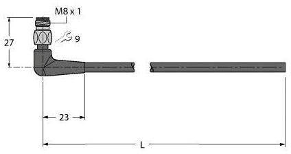 Technische Zeichnung eines Winkelfittings mit den Maßen: oben M8 x 1, Höhe 27, Breite 23. Werkzeuggröße 9, Länge L variabel.