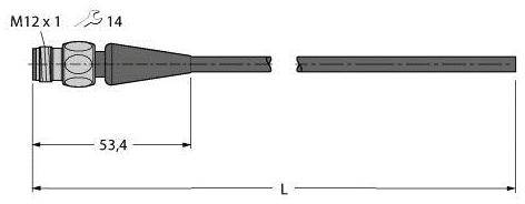 Steckerverbindung M12 x 1 mit Gewindegröße 14. Gesamtlänge 'L'. Länge bis Kabelansatz 53,4 mm.