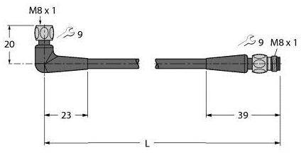 Technische Zeichnung eines Winkelschlauchanschlusses mit Bemaßungen in Millimetern: M8 x 1, Gesamtlänge 62 mm, Winkel 9°.