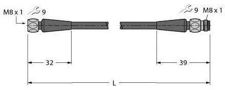 Technische Zeichnung von zwei Befestigungselementen. Links: Länge 32 mm, rechts: Länge 39 mm. Beide M8x1, Werkzeuggröße 9.