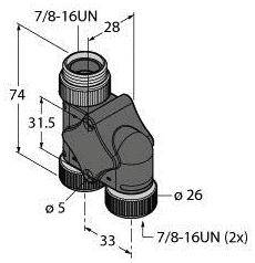 Technische Zeichnung eines T-Stücks mit Maßen: Gesamthöhe 74 mm, Breite 33 mm, zwei Anschlüsse 7/8-16UN, Durchmesser 26 mm.
