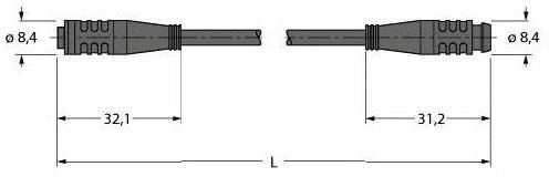Steckeransicht mit Maßangaben: Durchmesser 8,4 mm, links 32,1 mm, rechts 31,2 mm.