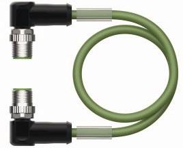 Grünes Winkelkabel mit metallenen Steckverbindern an beiden Enden, geeignet für industrielle Anwendungen.