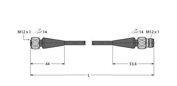 Technische Zeichnung eines Adapters mit M12 x 1 Gewinde, Länge 97,4 mm. Links Maße: 44; rechts Maße: 53,4.