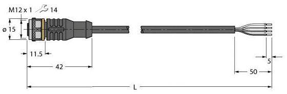 Diagramm eines elektrischen Steckverbinders mit M12-Gewinde. Gesamtlänge beträgt L mm, Teilmaße sind 42 mm, 50 mm und 5 mm.