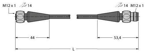 Technische Zeichnung eines zylindrischen Steckverbinders, Maße: links 44 mm, rechts 53,4 mm, Gewinde M12x1.
