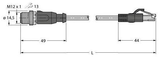 'M12 x 1' Stecker mit 49 mm Länge und 14,5 mm Durchmesser. Gegenstück 44 mm lang. Beide verbunden durch ein Kabel mit variabler Länge L.