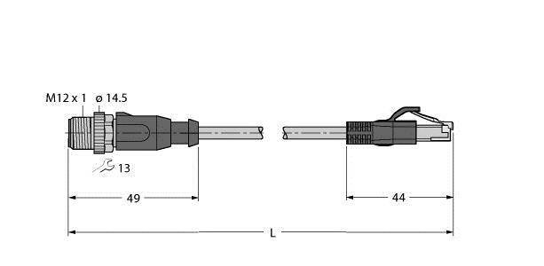 Technische Zeichnung eines Steckverbinders mit Maßen: Länge 49 mm und 44 mm, M12 x 1 Gewinde, Durchmesser 14,5 mm.