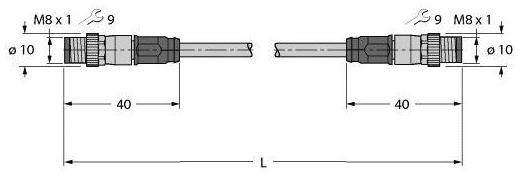 Zwei Steckverbinder mit den Maßen: M8 x 1; Durchmesser 9 und 10; Länge 40 bis L. Technische Zeichnung von Kabelverbindungen.