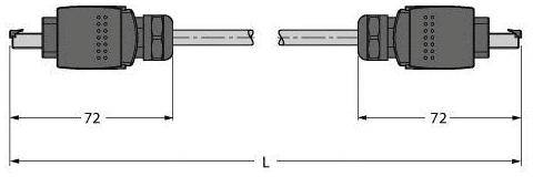 Zwei Stecker mit jeweils 72 mm Länge und Kabelanschlüssen, die auf gegenüberliegenden Seiten verbunden sind.
