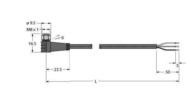 Technische Zeichnung eines Steckers mit Maßen: Gesamtlänge 'L', Breite 9,5 mm, Länge 23,5 mm; zusätzlicher Kabelabschnitt 50 mm, Durchmesser M8 x 1.