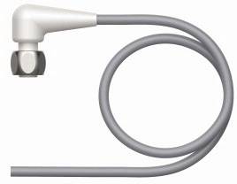 Grauer Schlauch mit gebogenem Anschluss an einem Ende, möglicherweise für Sanitär- oder Elektroinstallationen geeignet.