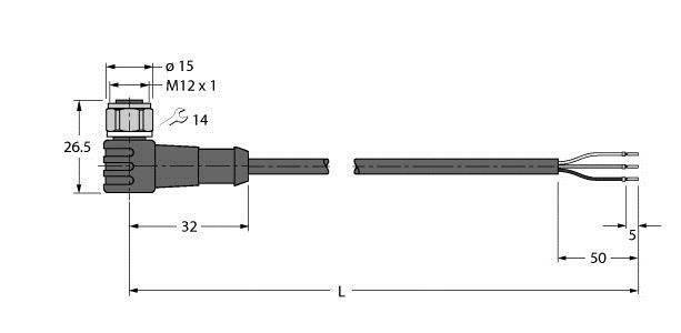 Technische Zeichnung eines Steckers mit Kabel. Maße sind angegeben: Länge 32 mm, Gesamtlänge 'L', Kabel gesplittet mit Abstand 50 mm.
