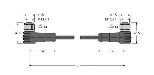 Technische Zeichnung von zwei identischen Steckverbindern mit M12 x 1 Gewinde, 26,5 mm Höhe, 32 mm Länge, und Ø15 mm.