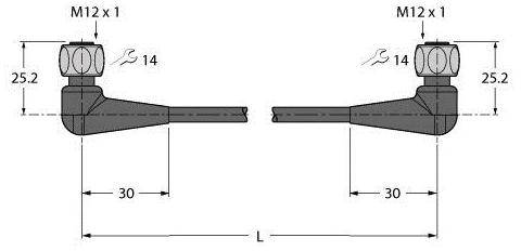 Technische Zeichnung von zwei Schraubverbindungen. Maße: M12 x 1, Länge 30 mm, Gesamtbreite 25,2 mm, Innendurchmesser 14 mm.