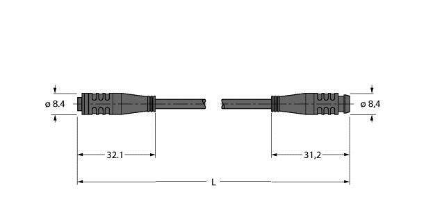 Technische Zeichnung eines Kabels mit zwei Steckern. Länge des Kabels: 'L', Steckermaße: Durchmesser 8,4 mm, Länge: 32,1 mm und 31,2 mm.