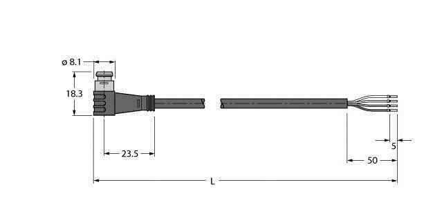 Technische Zeichnung eines Steckers mit Kabel. Maße: Steckerbreite 23,5 mm, Gesamtlänge 'L', Abstand zwischen Drähten 5 mm.