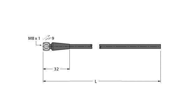Technische Zeichnung eines Steckers mit M8 x 1 Gewinde und einer Länge von L. Seitenansicht zeigt eine Länge von 32 mm.