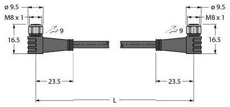 Technische Zeichnung eines Steckverbinders mit Maßen: Gesamtlänge (L), Breitenangaben (9,5 und 16,5 mm), M8x1 Gewinde.