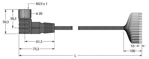 Technische Zeichnung eines Steckverbinders: M23-Gewinde, Durchmesser 26 mm, Gesamtlänge 73,3 mm. Kabel mit Einzeladern, Abstände gekennzeichnet.