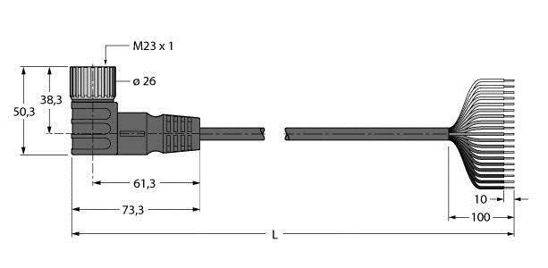 Technische Zeichnung eines Steckers mit Maßangaben: 50,3 mm hoch, 73,3 mm lang. Kabeldurchmesser 26 mm. Länge des Kabels 'L'.