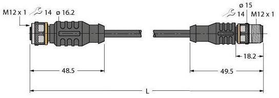Zeichnung von zwei M12-Steckverbindern mit Maßen: 48,5 mm und 49,5 mm, Durchmesser 14 mm und 16,2 mm. Gesamtmaß 'L'.
