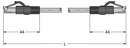 Diagramm zeigt zwei nebeneinander liegende schwarze Steckverbinder mit Maßen. Jeder Steckverbinder ist 44 mm lang. Gesamtweite 'L'.