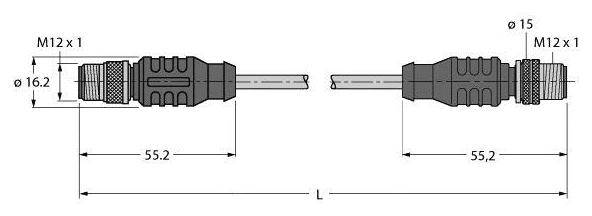 Technische Zeichnung eines M12 Steckverbinders mit Maßen: Gesamtlänge 110,4 mm, Durchmesser 16,2 mm und 15 mm an den Enden.