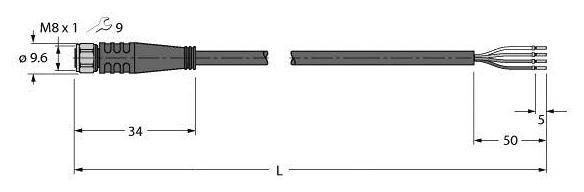 Steckverbinder mit M8-Gewinde, Außendurchmesser 9,6 mm. Kabellänge: 50 mm, Gesamtlänge: 34 + 50 + L. Drahtenden mit vier Adern.