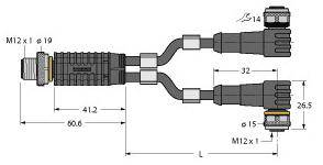 Technische Zeichnung eines Verteilers mit zwei Abgängen, M12x1-Anschlüssen und angegebenen Dimensionen in Millimetern.