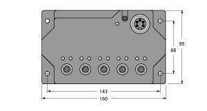 Technische Zeichnung eines rechteckigen Anschlussgehäuses mit Maßen: 160 mm Breite, 95 mm Höhe. Sechs kreisförmige Anschlüsse unten.