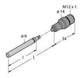 Diagramm eines zylindrischen Bauteils mit zwei Abschnitten. Maße: Länge 34, Durchmesser 14 und 6. Gewinde M12 x 1.