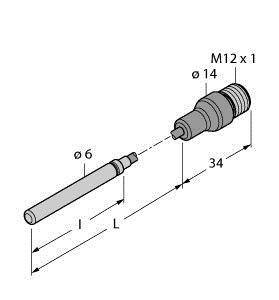 Technische Zeichnung eines Steckverbinders mit Gewinde M12 x 1, Durchmesser Ø14, Ø6, Gesamtlänge L und Länge l, mit Abmessungen.