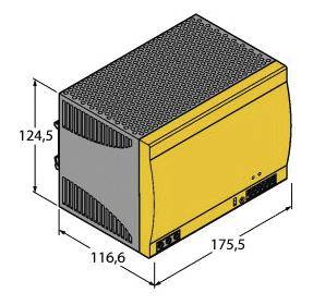 Gelbes rechteckiges elektrisches Gerät mit Lüftungsschlitzen und Abmessungen: 124,5 mm Höhe, 116,6 mm Breite, 175,5 mm Tiefe.