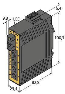 Zeichnung einer elektronischen Komponente mit Abmessungen: 100,3 mm x 82,8 mm x 25,4 mm. LED-Anzeige und Anschlüsse sichtbar.