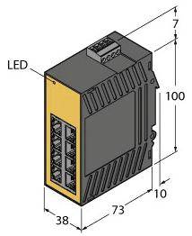 Illustration eines rechteckigen Geräts mit gelbem Frontpanel, 6 Ports und LED-Anzeige; Maße 100x73x38 mm. Netzwerkteil.
