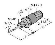 Technische Zeichnung eines Schraubgewindesensors mit Maßen: Länge 33 mm, Durchmesser M12 x 1. Schraubschlüsselgröße 14 mm.