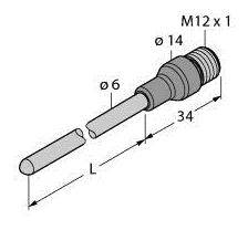 Technische Zeichnung eines zylindrischen Steckers mit Beschriftungen: ø6, ø14, Länge 34 mm, M12 x 1 Gewinde.
