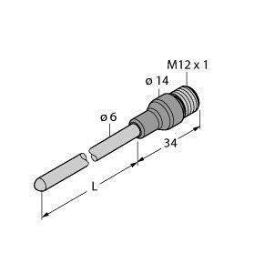 Diagramm eines Steckers mit Gewinde M12 x 1. Der Stecker hat einen Durchmesser von 14 mm, eine Länge von 34 mm und eine Leitung mit 6 mm.