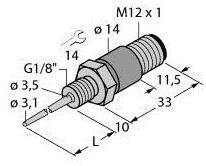 'Zeichnung eines zylindrischen Teils mit Maßen: M12 x 1, Länge 33mm, Durchmesser 14mm. Gewinde G1/8