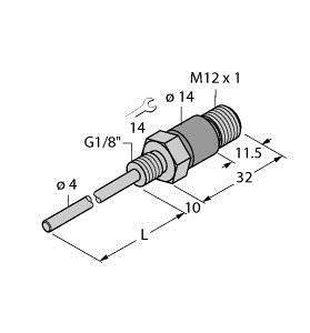 Technische Zeichnung eines zylindrischen Adapters mit Maßen und Gewindeangaben, einschließlich M12x1 und G1/8