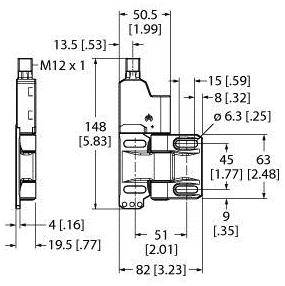 Technische Zeichnung einer mechanischen Komponenten mit Maßen in Millimetern und Zoll, inkl. Bohrungen und Gewinde M12 x 1.